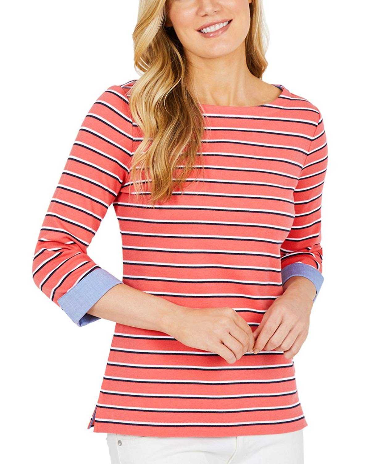 Nautica Women’s 3/4 Cuffed Sleeve Chambray Casual Blouse Pullover Shirt Tops, Carol, XX-Large
